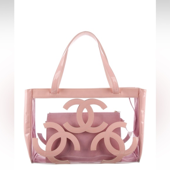CHANEL Handbags - Chanel Pink Transparent Tote with Iconic CC Logos Vintage 90s XL Peachy Pink